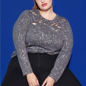 Torrid Lovesick NWT Distressed Top 5X Black White Splatter Long Sleeve Plus